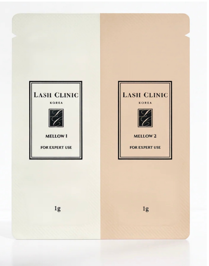Two pouches labeled 'Lash Clinic Korea' with 'Mellow 1' and 'Mellow 2' on a white background.