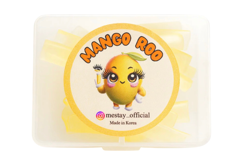 Mango-shaped product with cartoon character and 'Mango Roo' branding on a white background