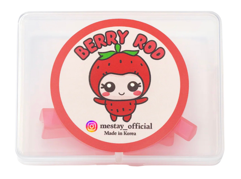 Transparent case with a cute strawberry character and 'Berry Rod' text on a white background