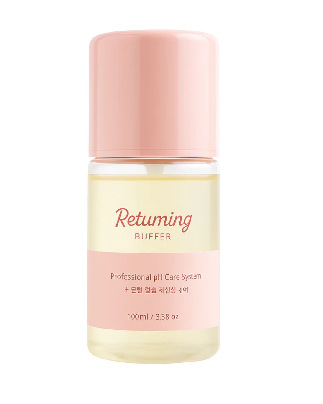 Skincare bottle labeled 'Returning Buffer' with pink cap and body on a white background